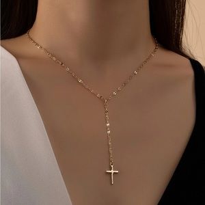 Gold Cross Lariat Necklace